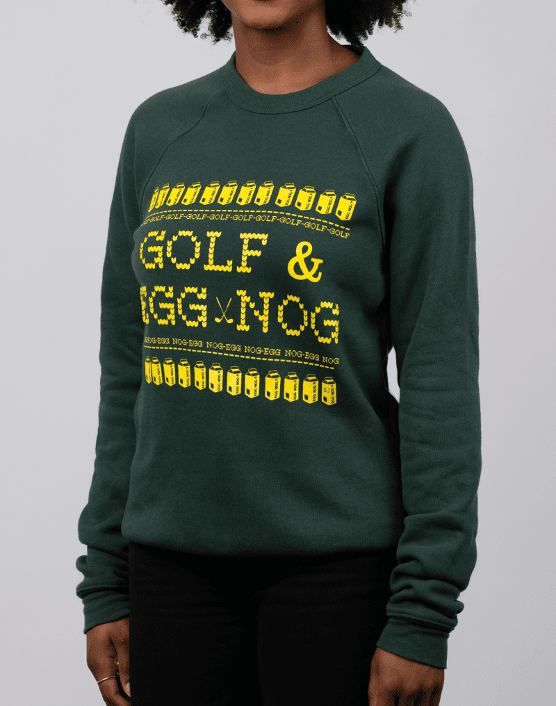 02 swingjuice golf egg nog ugly sweater long sleeve sweatshirt mannequin 2 forest green