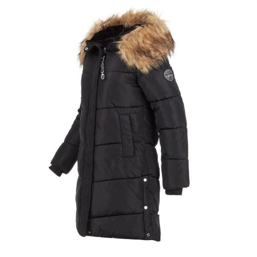 196730036010 Bebe Women s Long Puffer with Faux Fur Trim Hood Black 1