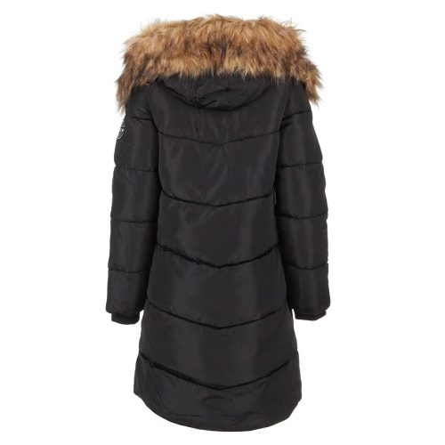 196730036010 Bebe Women s Long Puffer with Faux Fur Trim Hood Black 2