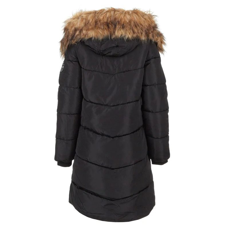 196730036010 Bebe Women s Long Puffer with Faux Fur Trim Hood Black 2