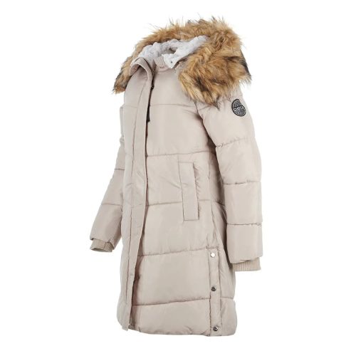 196730036096 Bebe Women s Long Puffer with Faux Fur Trim Hood Sand 1