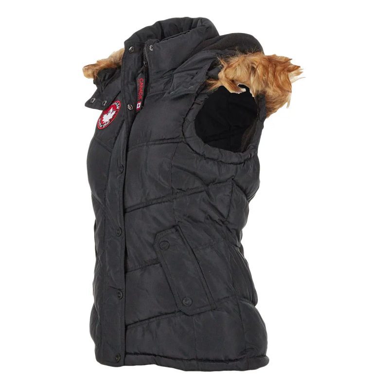 196730076467 Canada Weather Gear Women s Puffer Vest with Faux Fur Trim Hood Black 1