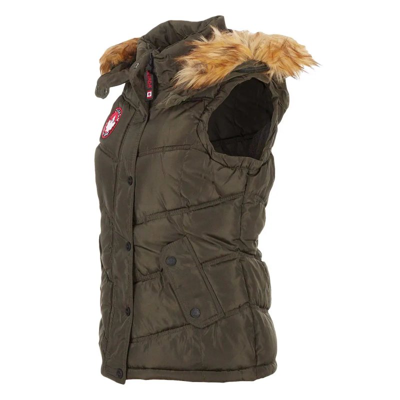 196730076504 Canada Weather Gear Women s Puffer Vest with Faux Fur Trim Hood Olive 1