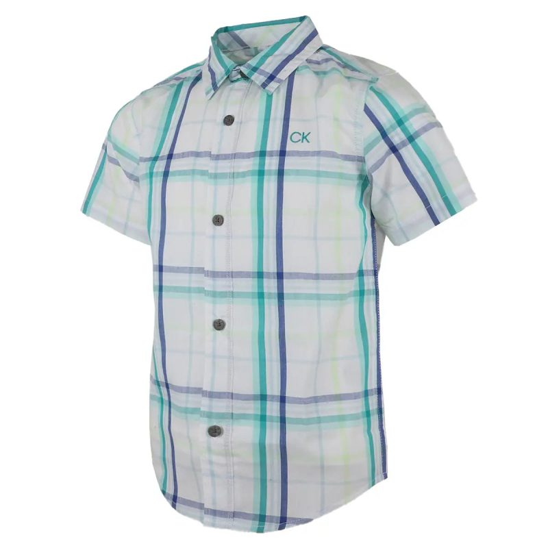 Calvin Klein Little Boys Short Sleeve Button up Woven Shirt City Plaid White 2137485