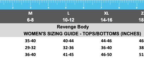 Revenge Body Size Chart