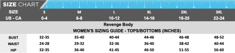 Revenge Body Size Chart