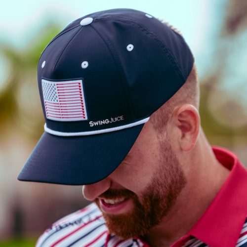 close up diagonal stripe polo and flag hat edits square crop