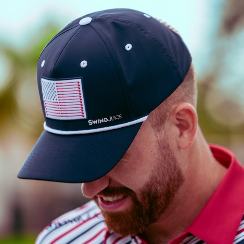 close up diagonal stripe polo and flag hat edits square crop